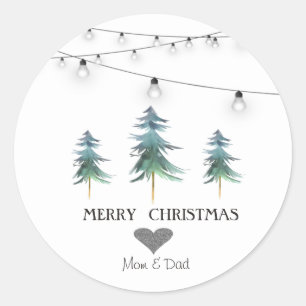 Sticker Rond Cœur argenté, arbres de Noël à l'aquarelle, lumièr