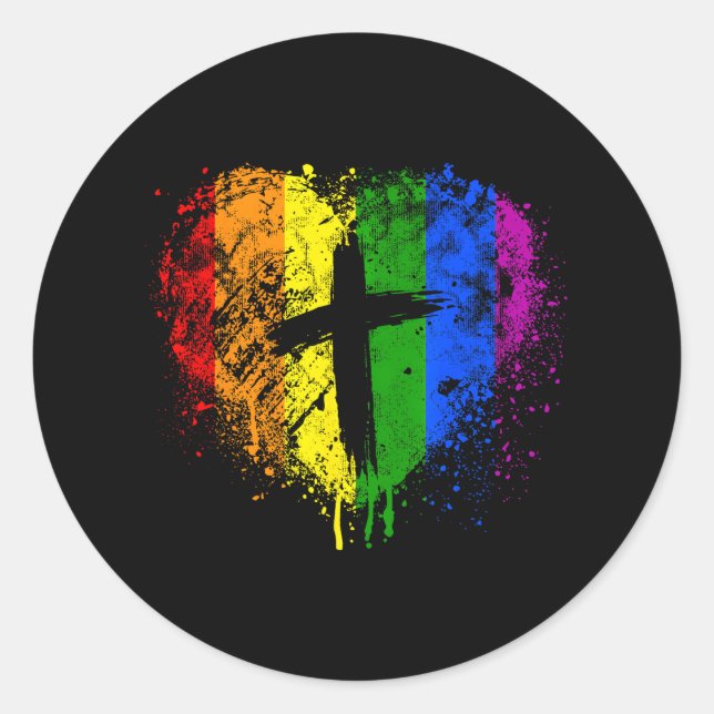 Sticker Rond Coeur avec Gay pride croisé chrétien religieux (Devant)