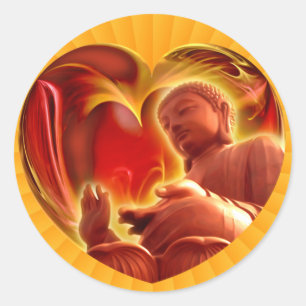 Sticker Rond Coeur BUDDHA   radiale jaune