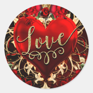 Sticker Rond Cœur d'amour pailleté or et roses rouges, cadeau d