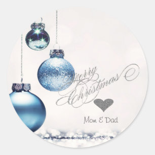 Sticker Rond Coeur d'argent élégant, Boules de Noël bleues