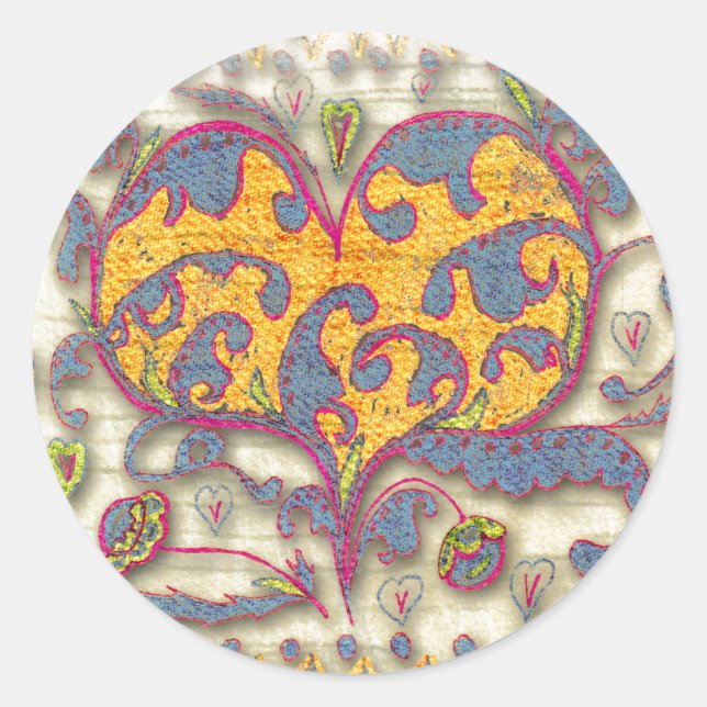Sticker Rond Coeur d'art populaire avec feuilles et fleurs (Devant)