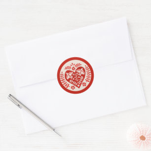 Sticker Rond Coeur d'art populaire rouge et blanc