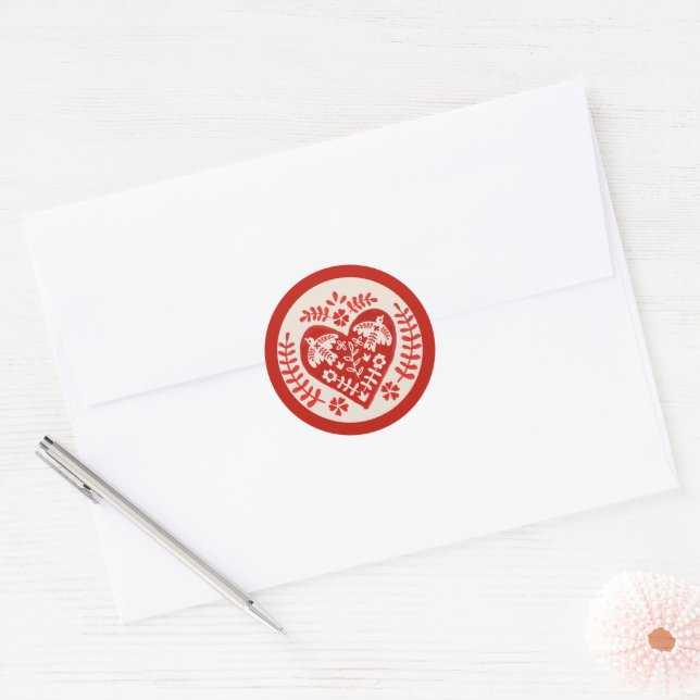Sticker Rond Coeur d'art populaire rouge et blanc (Enveloppe)