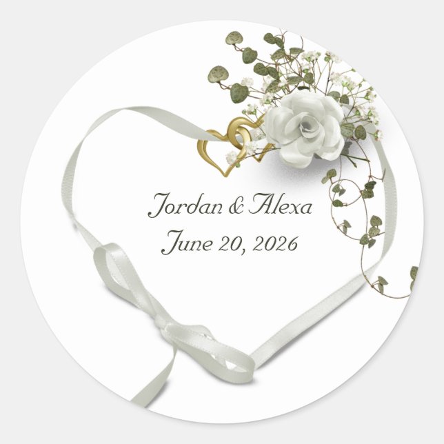 Sticker Rond coeur de ruban mariage blanc avec anneaux (Devant)