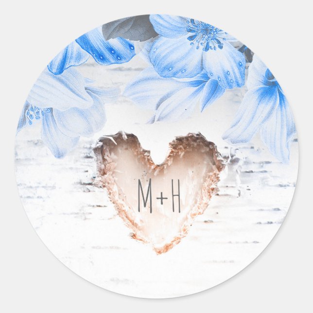 Sticker Rond Coeur d'écorce de bouleau et fleurs bleues Mariage (Devant)