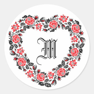 Sticker Rond Coeur des fleurs de rose rouge de point de croix M