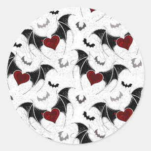 Sticker Rond Coeur d'Halloween avec ailes de chauve-souris noir