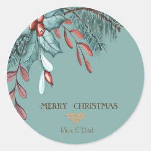 Sticker Rond Coeur d'or de Noël élégant, Berry Holly