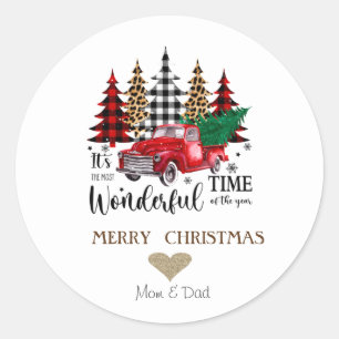Sticker Rond Cœur doré, camionnette rouge vintage arbres de Noë