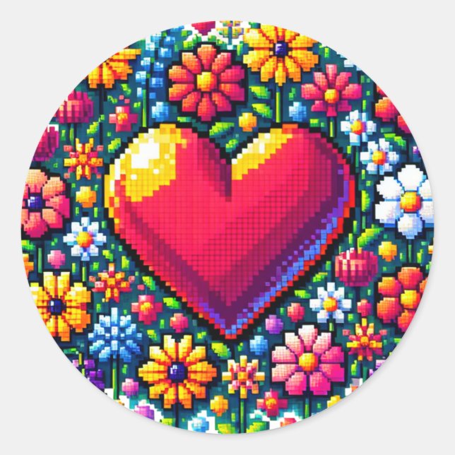 Sticker Rond Coeur en fleurs Pixel Art (Devant)