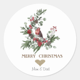 Sticker Rond Cœur en or, Couronne de Noël Cardinal Rouge