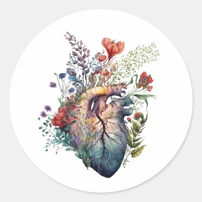 Sticker Rond Coeur envahi de fleurs (découpé) - anatomie (Devant)