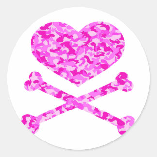 Sticker Rond coeur et les os croisés urbain camo rose
