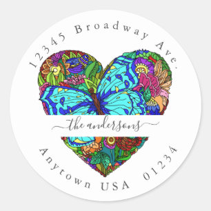 Sticker Rond Coeur floral avec papillon; Adresse de retour Env 