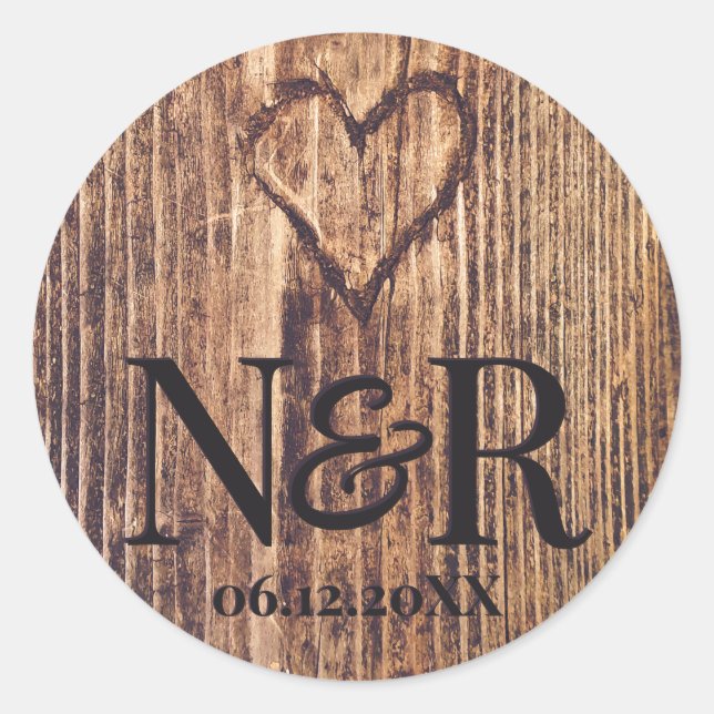 Sticker Rond Coeur gravé Rustique Bois mou Mariage de ferme (Devant)