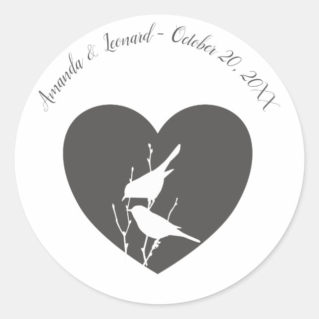 Sticker Rond Coeur gris, Oiseaux blancs Mariage Enveloppe Phoqu (Devant)