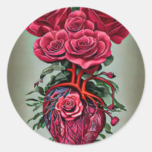 Sticker Rond Coeur humain avec fleurs de rose rouge art surréal
