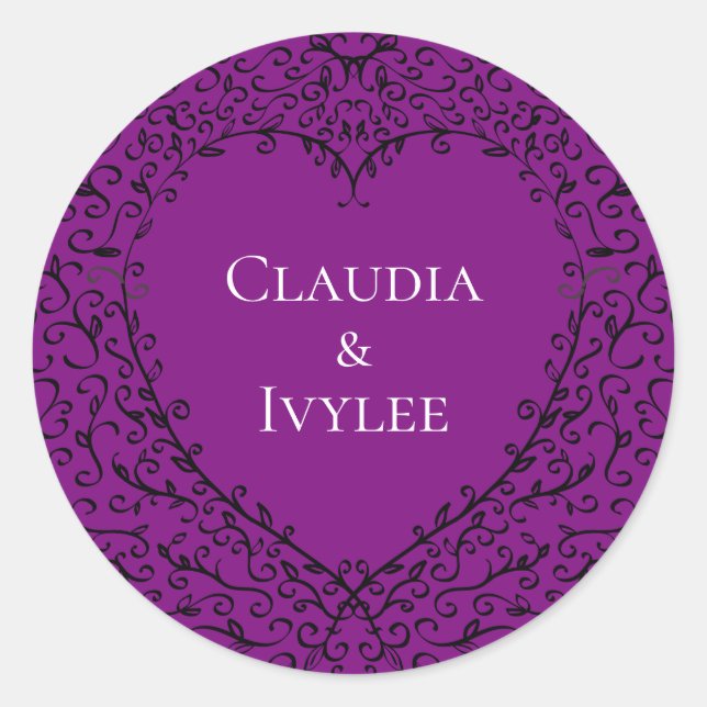 Sticker Rond Coeur Mariage gothique violet et noir (Devant)