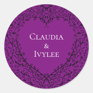 Sticker Rond Coeur Mariage gothique violet et noir