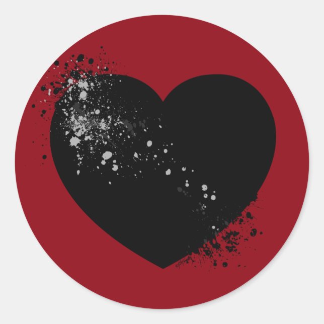 Sticker Rond Coeur noir éclaboussé d'encre. (Devant)