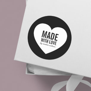 Sticker Rond Coeur noir et blanc minimaliste fait avec amour