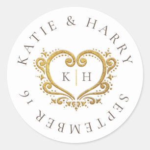 Sticker Rond Coeur or blanc brun monogramme mariage