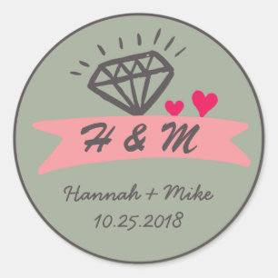 Sticker Rond Coeur rose Diamond Mariage Favoriser Monogramme St