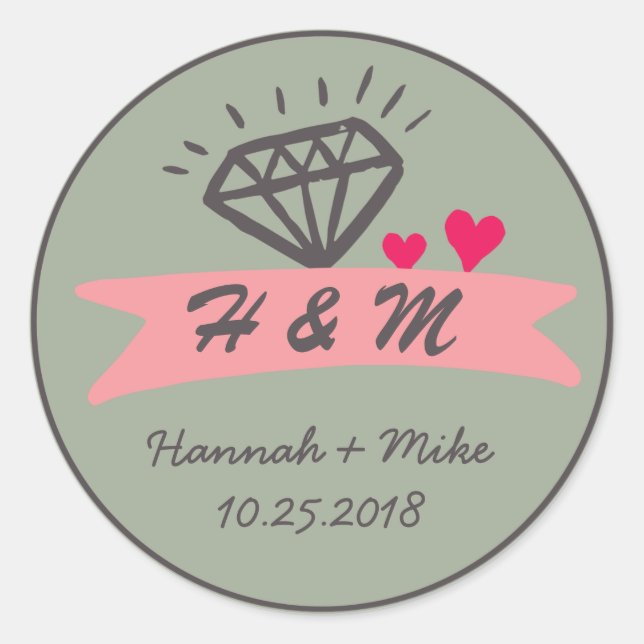 Sticker Rond Coeur rose Diamond Mariage Favoriser Monogramme St (Devant)