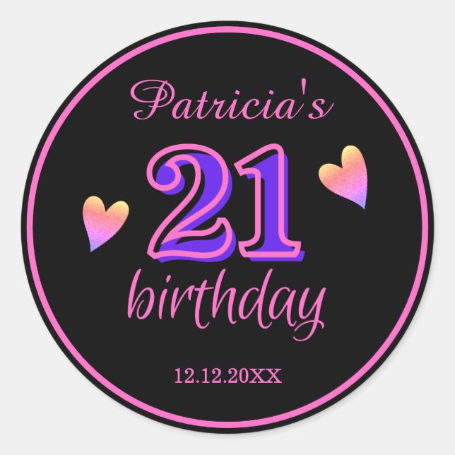 Sticker Rond Coeur rose et pourpre noir tendance 21e anniversai (Devant)