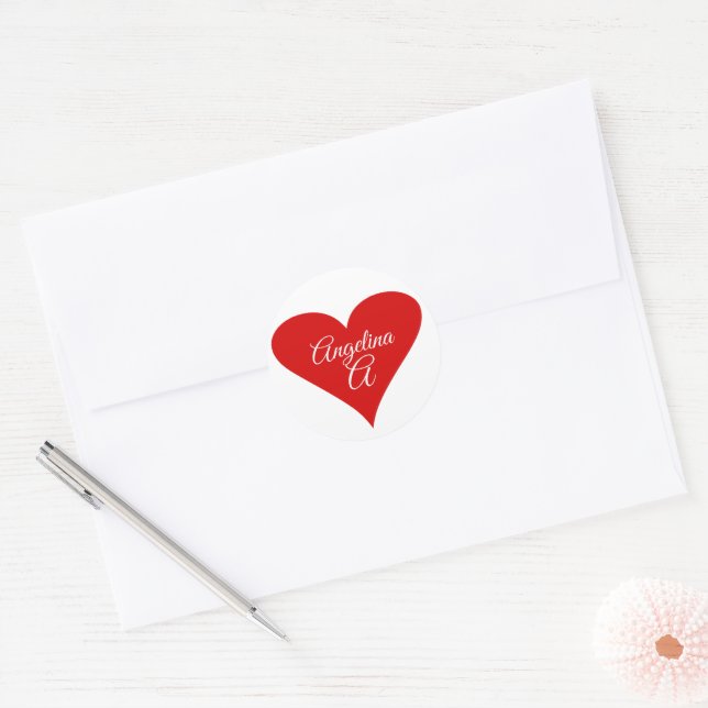 Sticker Rond Cœur Rouge Amour Saint-Valentin Nom & Monogramme (Enveloppe)