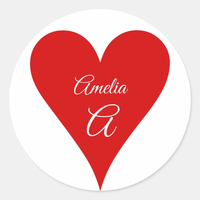 Sticker Rond Cœur Rouge Amour Saint-Valentin Nom & Monogramme (Devant)