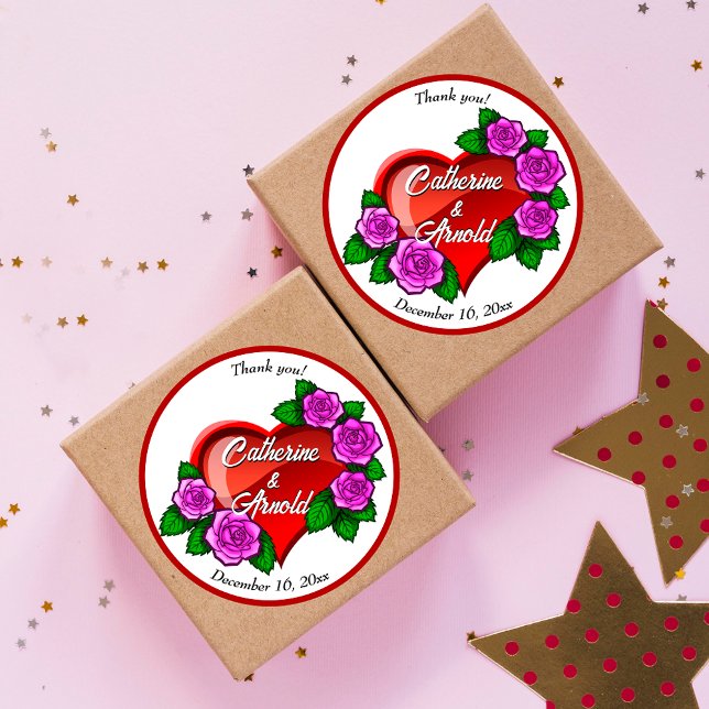 Sticker Rond Coeur rouge rose roses Merci Mariage Faveur (Créateur téléchargé)