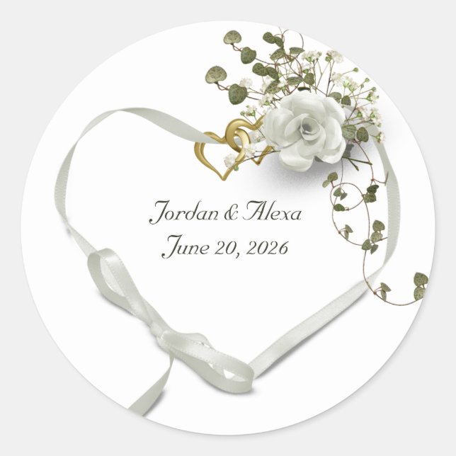 Sticker Rond Coeur ruban mariage avec rose et lierre (Devant)