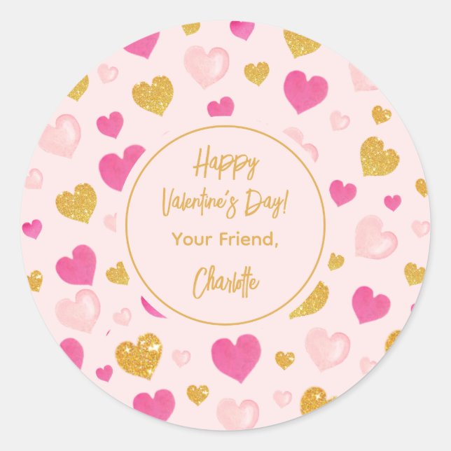 Sticker Rond Coeurs aquarelle|Joyeuse Saint Valentin|Rose doux (Devant)