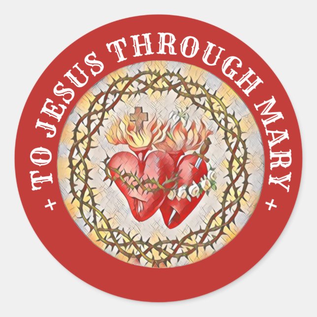 Sticker Rond Coeurs catholiques de Jésus Vierge Marie Cla relig (Devant)