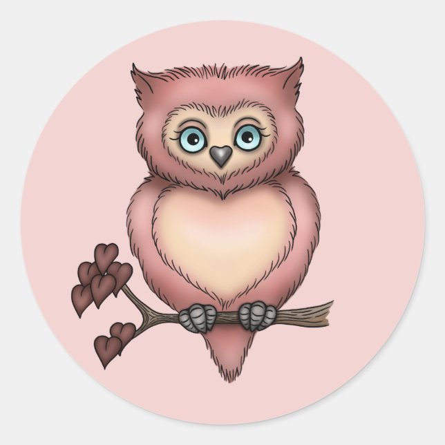 Sticker Rond Coeurs d'amour du hibou rose Fuzzy Valentine (Devant)