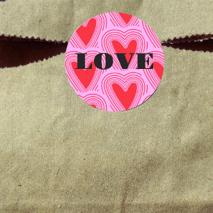 Sticker Rond Coeurs d'amour rouge rétro Typographie noire Valen
