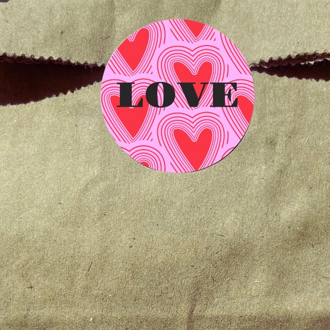 Sticker Rond Coeurs d'amour rouge rétro Typographie noire Valen (Créateur téléchargé)