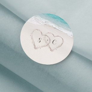Sticker Rond Coeurs dans le sable destination mariage plage