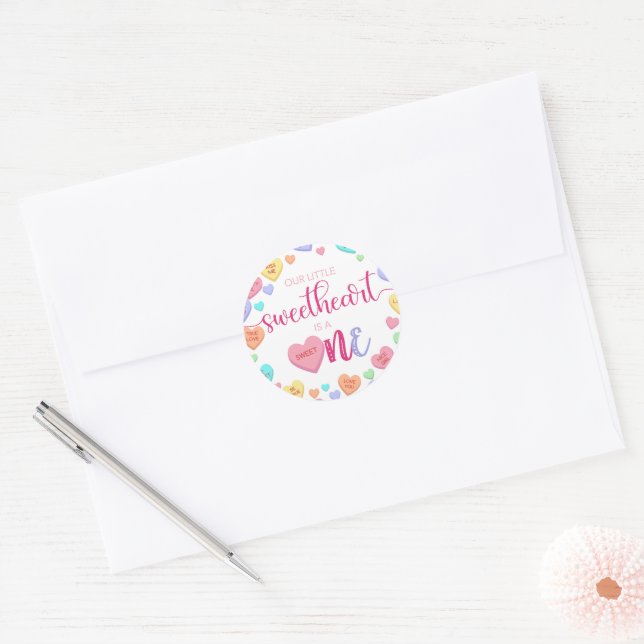 Sticker Rond Coeurs de conversation 1er anniversaire (Enveloppe)