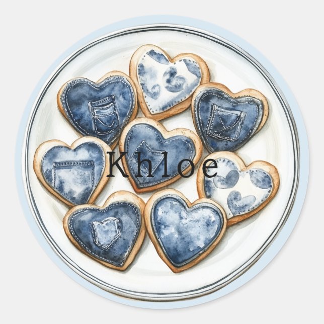 Sticker Rond Coeurs de Denim Blanc Bleu (Devant)
