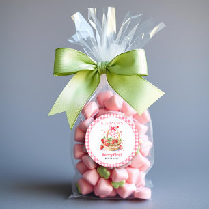 Sticker Rond Cœurs de fraises, ruban rose Première anniversaire