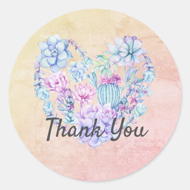 Sticker Rond Cœurs de succulentes aquarelle Merci   (Devant)