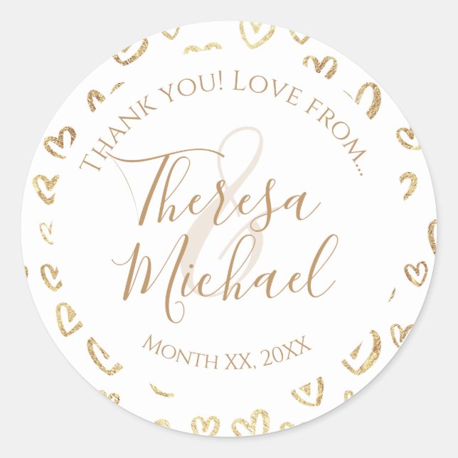 Sticker Rond Coeurs d'or blanc Merci de mariage personnalisé (Devant)