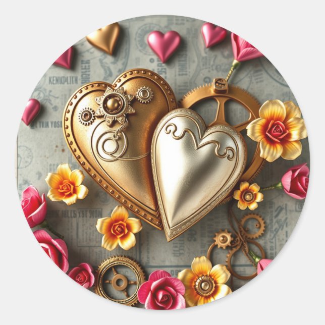 Sticker Rond Cœurs d'or, fleurs roses et jaunes Steampunk (Devant)