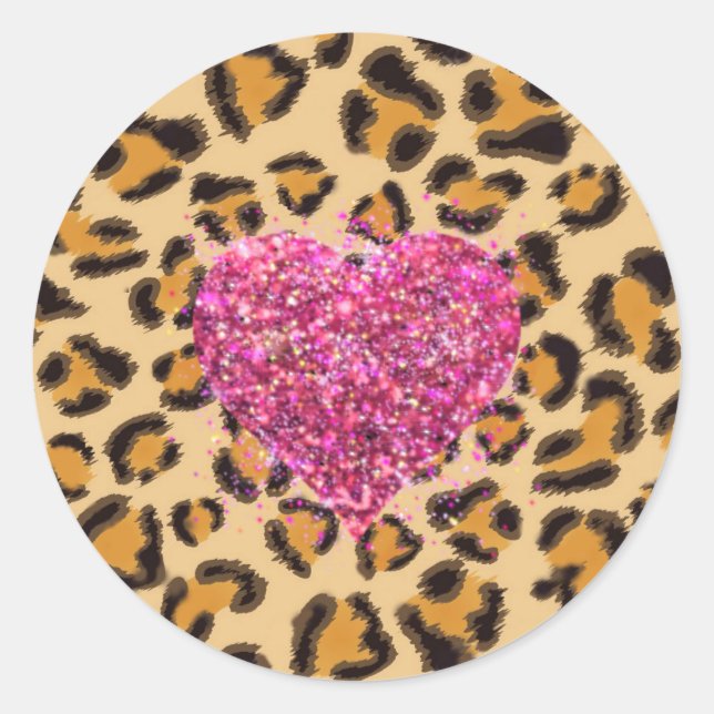 Sticker Rond Coeurs et Empreintes de léopard roses pétillants (Devant)