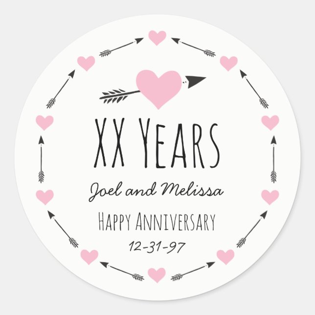 Sticker Rond Coeurs et flèches Anniversaire Mariage personnalis (Devant)