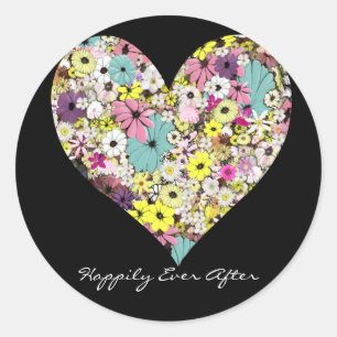 Sticker Rond Coeurs et fleurs sauvages épousant heureusement
