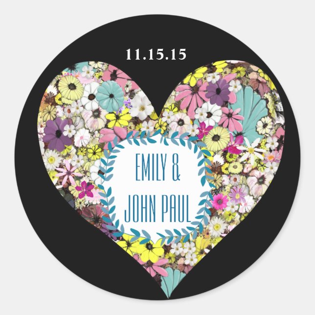 Sticker Rond Coeurs Fleurs sauvages Mariage Enregistrer le stic (Devant)